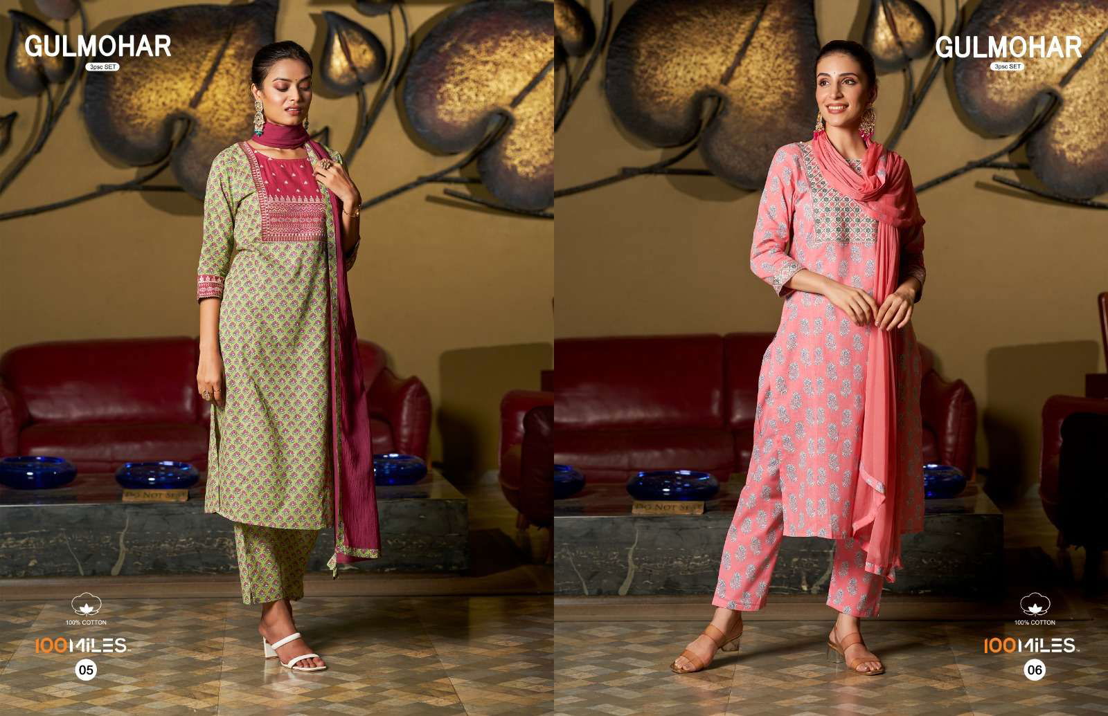 Gulmohar By 100miles Cotton Printed Kurti With Bottom Dupatta Suppliers In India